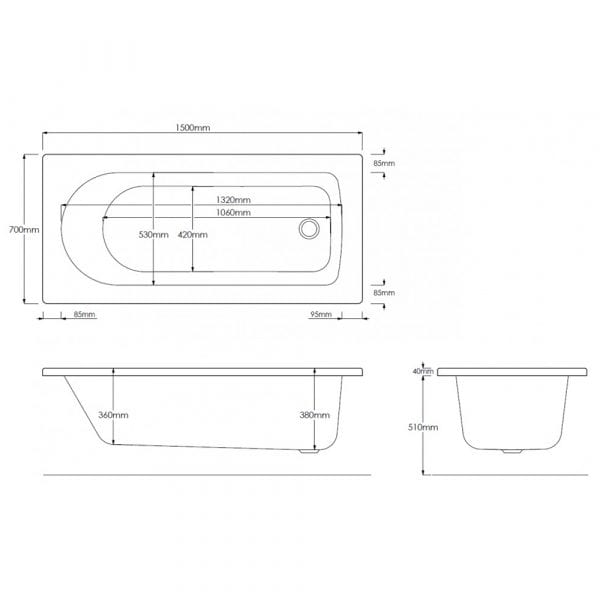 1500 x 700 Curve Single Ended Acrylic Bath 5mm - Image 2