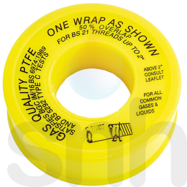 Gas PTFE Tape 12mm x 5 Metres Gas Approved Yellow