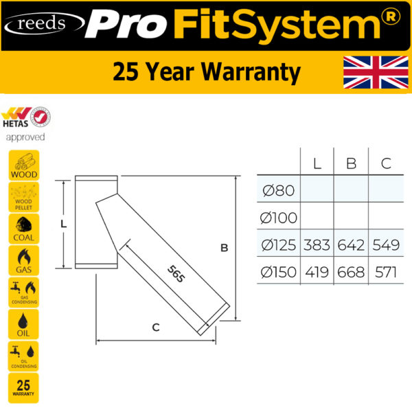 TWPro 125mm Twin Wall Insulated Long 135 Degree Tee Stainless Steel - Image 3