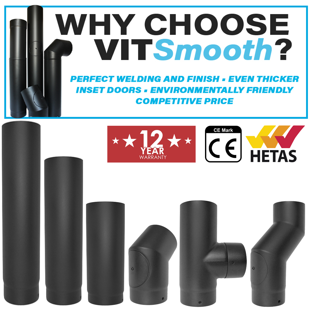 Vit Smooth Matt Black 125mm Vitreous Enamel Flue Pipe 250mm Long 12 Year Warranty