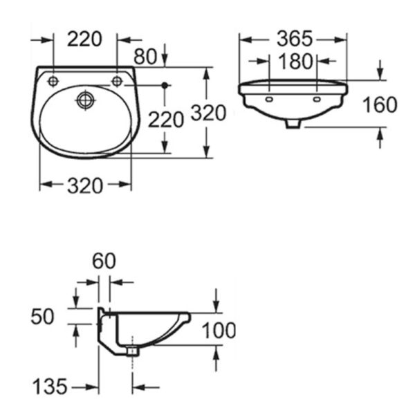 Imex Ivo 360mm Wall Basin 2 Tap Hole - Image 2