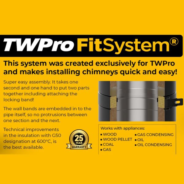 TWPro 150mm Twin Wall Insulated Adjustable Pipe 350-500mm Matt Black KW - Image 3
