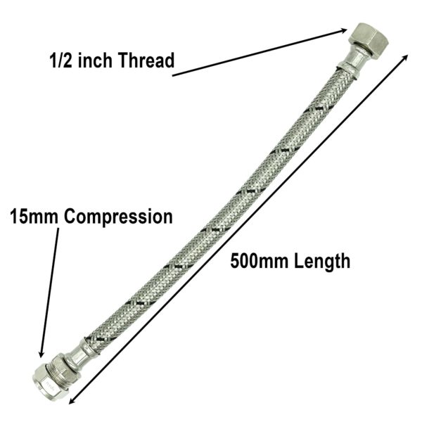 2 x 15mm x 1/2inch Flexi 900mm WRAS Approved - Image 3