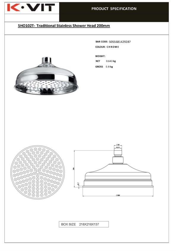 K Vit Traditional Shower Head 200mm - Image 2