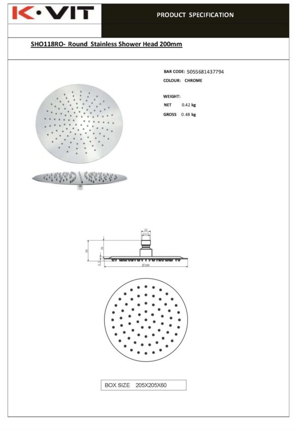 K Vit Round Slimline Shower Head 200mm - Image 2